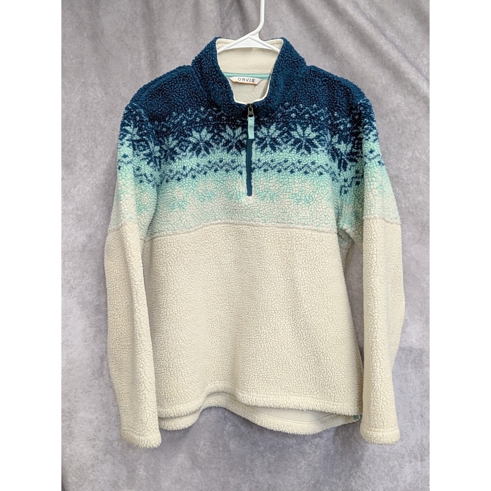 Orvis Womens XL Sherpa Fleece Quarter Zip Pullover Fair Isle Snowflake Blue (C1)